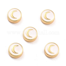 Brass Enamel Beads, Real 18K Gold Plated, Long-Lasting Plated, Cadmium Free & Lead Free, Flat Round with Moon Pattern, White, 10x3.5mm, Hole: 1.6mm