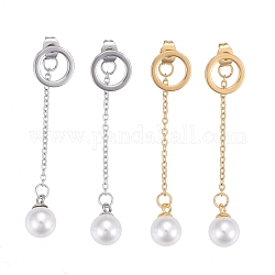 304 Stainless Steel Chain Tassel Earrings, with Ear Nuts and Acrylic Imitation Pearl Beads, Round & Ring, Mixed Color, 50mm, Pin: 0.7mm