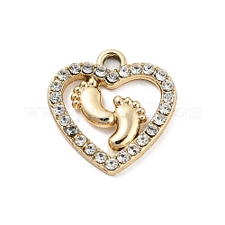 UV Plating Alloy Rhinestone Pendants, Heart with Foot Print Charms, Golden, 18x18x2mm, Hole: 2mm