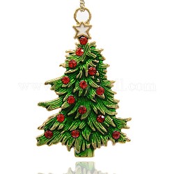 Golden Alloy Enamel Christmas Tree Big Pendants, with Hyacinth Rhinestone, Lime Green, 69x44x4mm, Hole: 5.5mm