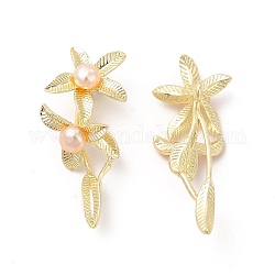 Ciondoli perla naturale, charms fiore con foglia, con accessori di ottone, vero placcato oro 14k, 29.5x11.5x8.5mm, Foro: 1.5 mm