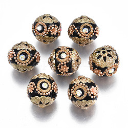 Perles Indonésiennes manuelles, avec des strass en cristal ab et des accessoires en laiton doré, ronde, noir, 20x19~20mm, Trou: 1.5~1.8mm