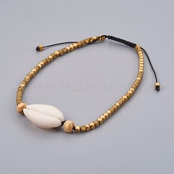Adjustable Nylon Cord Braided Anklets, with Cowrie Shell and Wood, Electroplate Non-magnetic Hematite Beads, Dark Goldenrod, 2-3/4 inch~4 inch(7~10.3cm)