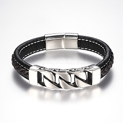 Tressée PU bracelets cordon en cuir pour hommes, avec accessoires en 304 acier inoxydable et les fermoirs magnétiques, rectangle, noir, 8-5/8 pouce (220 mm)