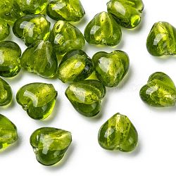 Perles en verre d'argent feuille manuelles, cœur, vert jaune, 12x12x8mm, Trou: 2mm