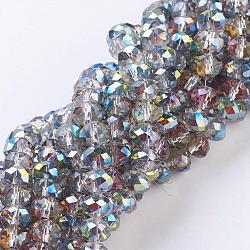 Electroplate Glass Beads Strands, Rainbow Plated, Faceted, Rondelle, Light Grey, 8x6mm, Hole: 1mm, about 68~70pcs/strand