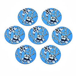 Spray Painted Iron Pendants, Rubberized Style, 3D Printed,  Flower Print Pattern, Flat Round, Dodger Blue, 25.5x0.8mm, Hole: 1.2mm