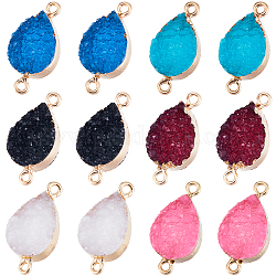 SUNNYCLUE 12Pcs 6 Colors Druzy Quartz Crystal Dyed Connector Charms, Teardrop Links, with Golden Plated Alloy Findings, Mixed Color, 28x13x5mm, Hole: 1.8~2mm, 2pcs/color