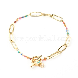 Brass Enamel Link Chain Anklets, Textured, with 304 Stainless Steel Toggle Clasps, Colorful, Golden, 9-5/8 inch(24.3cm)