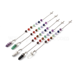 Pendules de radiesthésie pointus en pierres précieuses mélangées naturelles, avec 304 chaîne en acier inoxydable et perles de pierres précieuses, balle, couleur inoxydable, 260x2.5mm