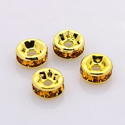 Abalorios de latón Diamante de imitación espaciador, Grado A, brida recta, color metal dorado, rerondana plana, topacio, 6x3mm, agujero: 1 mm