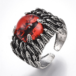 Alloy Glass Cuff Finger Rings, Wide Band Rings, Dragon Eye, Antique Silver, Red, Size 10, 20mm