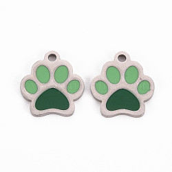 304 Stainless Steel Enamel Charms, Stainless Steel Color, Dog Paw Prints, Dark Green, 13x12x1mm, Hole: 1.5mm