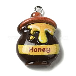 Bee Theme Opaque Resin Pendants, with Platinum Tone Iron Loops, Coconut Brown, Honey Jar, 28x18.5x8.5mm, Hole: 2mm