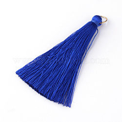 Décoration de pendentifs pompon en fil de nylon, avec les accessoires en laiton, or, bleu, 35x7mm, Trou: 7mm