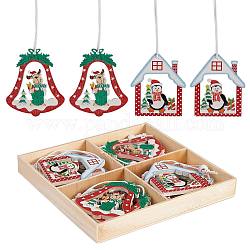 Christmas Wooden Ornaments Set, 12 Pcs Wooden Pendants Kit Hanging Ornaments, for Christmas Tree Door and Party Gift Decoration, Bell and House, Mixed Color, House: 56x47mm, Box: 132x132mm