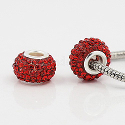 Large Hole Rondelle Resin Pave Grade A Rhinestone European Beads, with Silver Color Plated Brass Double Cores, Light Siam, 15x10mm, Hole: 5mm