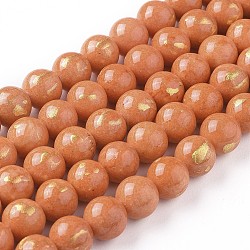 Chapelets de perles de jade naturel, une feuille d'or, teinte, ronde, corail, 10mm, Trou: 1mm, Environ 39~40 pcs/chapelet, 15.75 pouce (40 cm)
