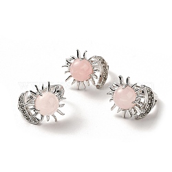 Bagues de manchette ouvertes soleil et lune en quartz rose naturel, bijoux en laiton platine pour femme, sans plomb et sans cadmium, diamètre intérieur: 17~18 mm