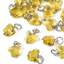 Colgantes de vidrio transparente facetado, con anillo de salto de hierro, mariposa, amarillo, 13~14x9.8x6mm, agujero: 4 mm