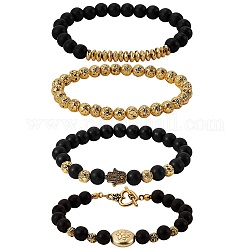 Energie-Stretch-Armbänder aus natürlichem Lavagestein und synthetischen schwarzen Steinen mit runden Perlen, Lotus flache runde Perlenarmbänder aus Legierung, Armbänder mit Herzverschluss, Antik Golden, 2~2-3/8 Zoll (5.2~5.9 cm), 4 Stück / Set