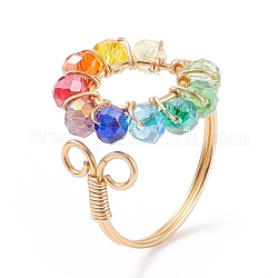 Colorful Glass Braided Ring Open Cuff Ring, Copper Wire Wrap Jewelry for Women, Golden, US Size 8 1/2(18.5mm)