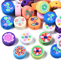 Handmade Polymer Clay Beads, for DIY Jewelry Crafts Supplies, Flat Round with Flower, Mixed Color, 9.5~10x4.5mm, Hole: 1.8mm