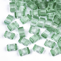 2 trous perles de rocaille de verre, perles de rocaille rayées, couleurs transparentes, deux tons, rectangle, lime green, 4.5~5.5x2x2~2.5mm, Trou: 0.5~0.8mm