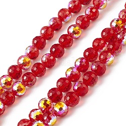 Trasparenti perle di vetro placca fili, sfaccettato (96 sfaccettatura), tondo, ab colore placcato, rosso, 7.5~8x7mm, Foro: 1.2 mm, circa 70~72pcs/filo, 20.08~20.47 pollice (51~52 cm)