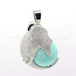 Platinum Plated Brass Elephant Covered with Round Ball Gemstones Pendants, Synthetic Turquoise, 27x21.5x19mm, Hole: 4x6mm