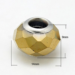 Los abalorios europeos de cristal galvanizado, con núcleos dobles de latón, facetados, vara de oro, 14x9mm, agujero: 5 mm