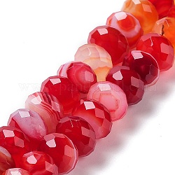 Agate à bandes naturelles / brins de perles d'agate à rayures, teints et chauffée, facettes rondelle, rouge, 10~10.5x6.5~7mm, Trou: 1mm, Environ 58 pcs/chapelet, 15.31~15.43'' (38.9~39.2 cm)
