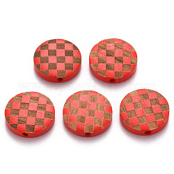 Perles de bois naturel peintes, motif gravé au laser, rond plat avec motif de grille, rouge, 15x5mm, Trou: 1.8mm