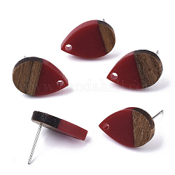 Resin & Walnut Wood Stud Earring Findings, with 304 Stainless Steel Pin, Teardrop, Brown, 17x11mm, Hole: 1.8mm, Pin: 0.7mm