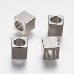 201 perline europei in acciaio inox, perline con foro grande, cubo, colore acciaio inossidabile, 6x6x6mm, Foro: 4 mm