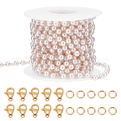 Beebeecraft diy kits de fabricación de collar de pulsera de perlas de imitación, incluyendo cadenas de latón con perlas de plástico, 304 cierres de acero inoxidable, Anillos de cobre amarillo del salto, dorado, cadena: 16.4 pie (5 m)/juego