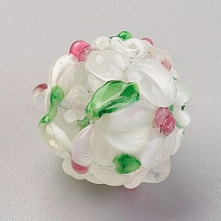 Perles vernissées manuelles, Rondelle avec des fleurs, cahoteuse, fumée blanche, 14~15x12~13mm, Trou: 1.5~1.8mm