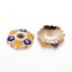 Plaqué or alliage de fleur casquettes émail de perles, 6 pétales, bleu, 13x2mm, Trou: 3mm