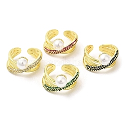 Anillo abierto cruzado de circonita cúbica con cuentas de perlas de plástico, anillos de latón dorado, color mezclado, diámetro interior: 17 mm