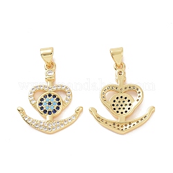 Brass Micro Pave Cubic Zirconia Pendants, Heart Shape Anchor with Evil Eye Charm, Golden, 28x20x2mm, Hole: 5x3mm