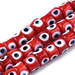 Hechos a mano de mal de ojo lampwork perlas hebras, columna, rojo, 8.5x6~7mm, agujero: 2 mm, aproximamente 53~56 pcs / cadena, 13.78 pulgada ~ 14.17 pulgadas (35 cm ~ 36 cm)