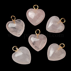 Ciondoli quazo rosa naturale, ciondoli a cuore con anelli in ottone placcato oro, 15~15.5x12~12.5x4.5~5.5mm, Foro: 2 mm