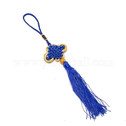 Chinese Knots Polyester Tassel Pendant Decorations, with Plastic Bead, Blue, 270~590x52~57.5x11.5mm