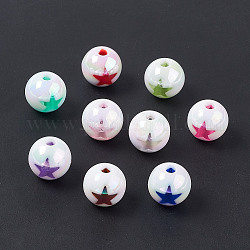 Placage uv perles acryliques irisées arc-en-ciel, ronde avec motif en étoile, couleur mixte, 15mm, Trou: 3.7mm