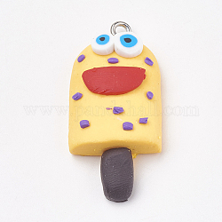 Handmade Polymer Clay Pendants, with Iron Findings, Ice Cream with Smile, Platinum, Yellow, 34~35x16~17x8~9mm, Hole: 2mm