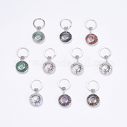 Natural/Synthetic Gemstone Keychain, with Brass Finding, Flat Round with Sun & Moon, 64mm