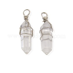 Natural Crystal Pointed Pendants, with Platinum Tone Brass Wire, Hexagon Prism, 38x11x11mm, Hole: 3mm