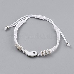 Bracelets réglables de perles tressées avec cordon en nylon, avec des liens potins/yin yang en alliage d'émail et des perles d'espacement en strass en alliage, blanc, platine, diamètre intérieur: 1-3/4~3-1/8 pouce (4.5~8 cm)