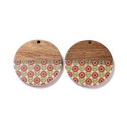 Ciondoli in resina opaca e legno di noce, ciondoli rotondi piatti con motivo floreale, firebrick, 35x4mm, Foro: 2 mm