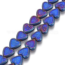 Chapelets de perles en hématite synthétique sans magnétiques, placage sous vide, coeur avec noeud chinois, bleu plaqué, 8x8x2.5mm, Trou: 0.8mm, Environ 52~56 pcs/chapelet, 15.35''~16.54 pouce (39~42 cm)